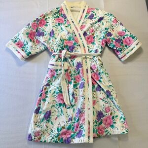 Vintage 90s Hampton Houses Floral Robe Women's Medium White Pink Purple